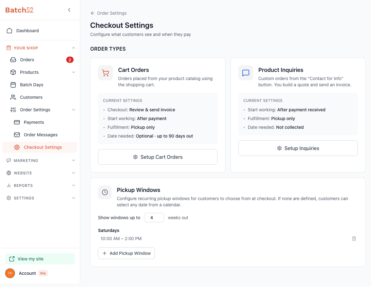 Pickup windows configured in Batch52 checkout settings