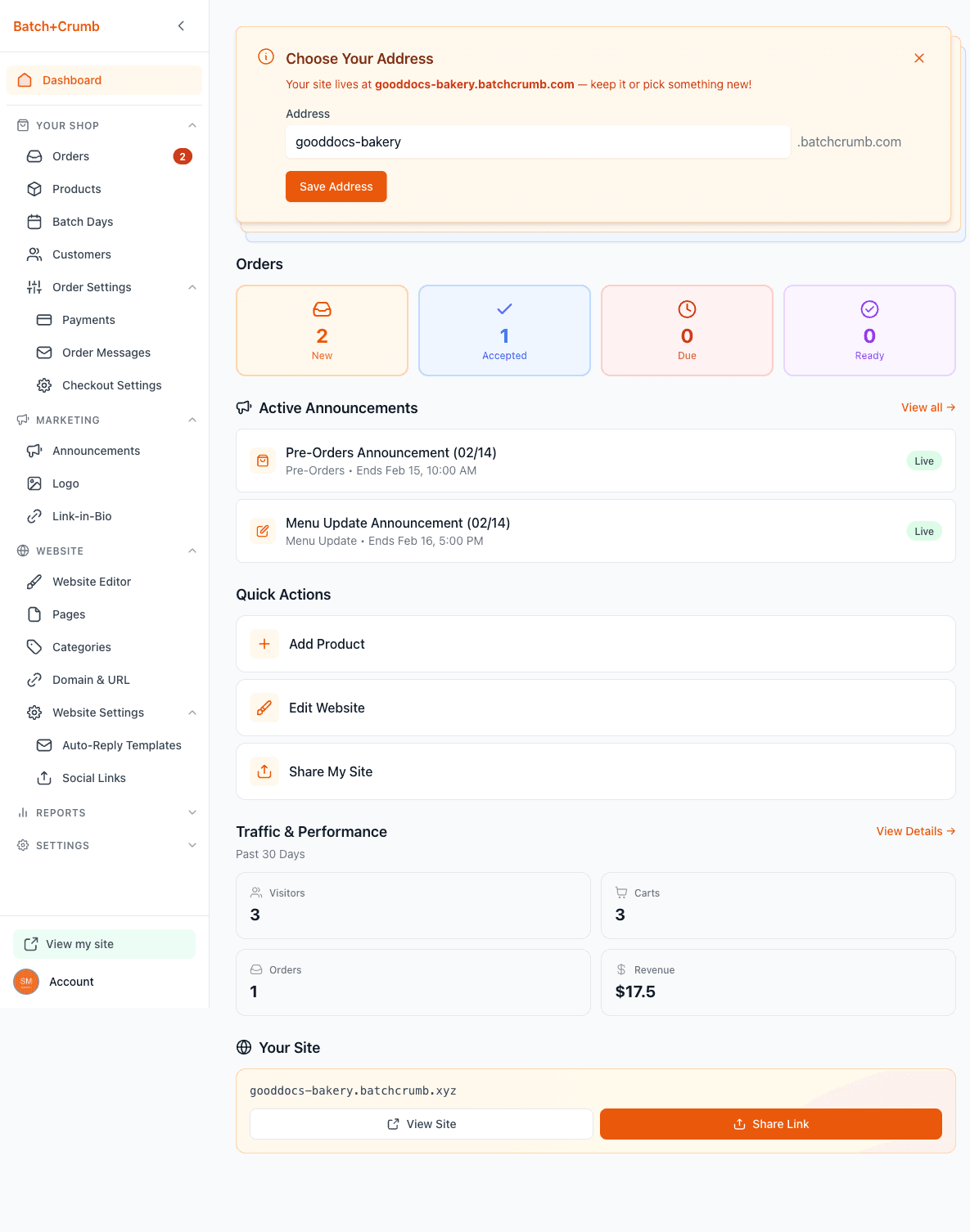 The Batch52 dashboard with orders to bake, sales, and shop performance