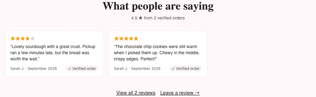 The What people are saying section on a Batch52 shop homepage with two verified-order reviews