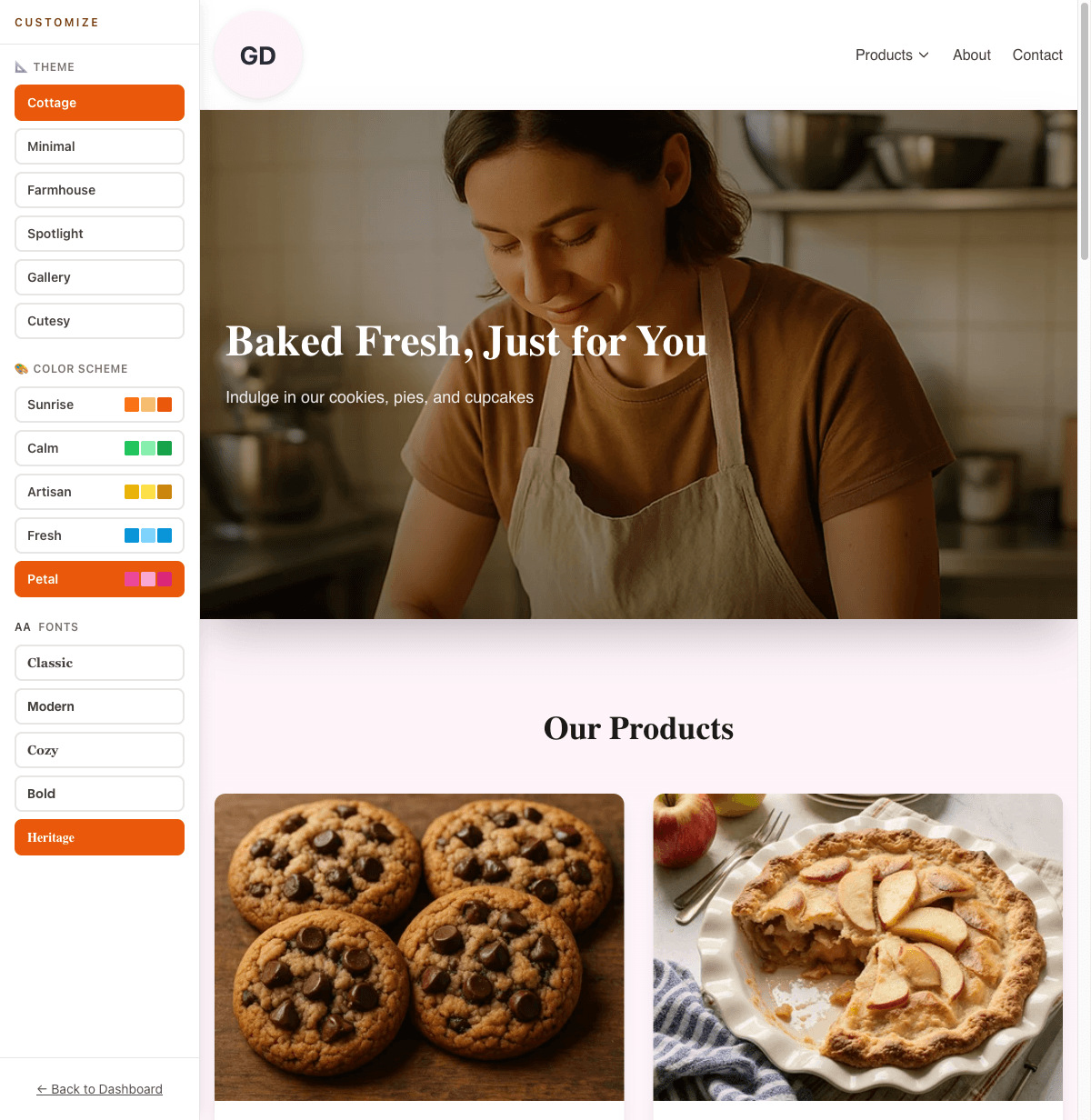 The Batch52 website editor customizing a bakery shop with the Cottage theme