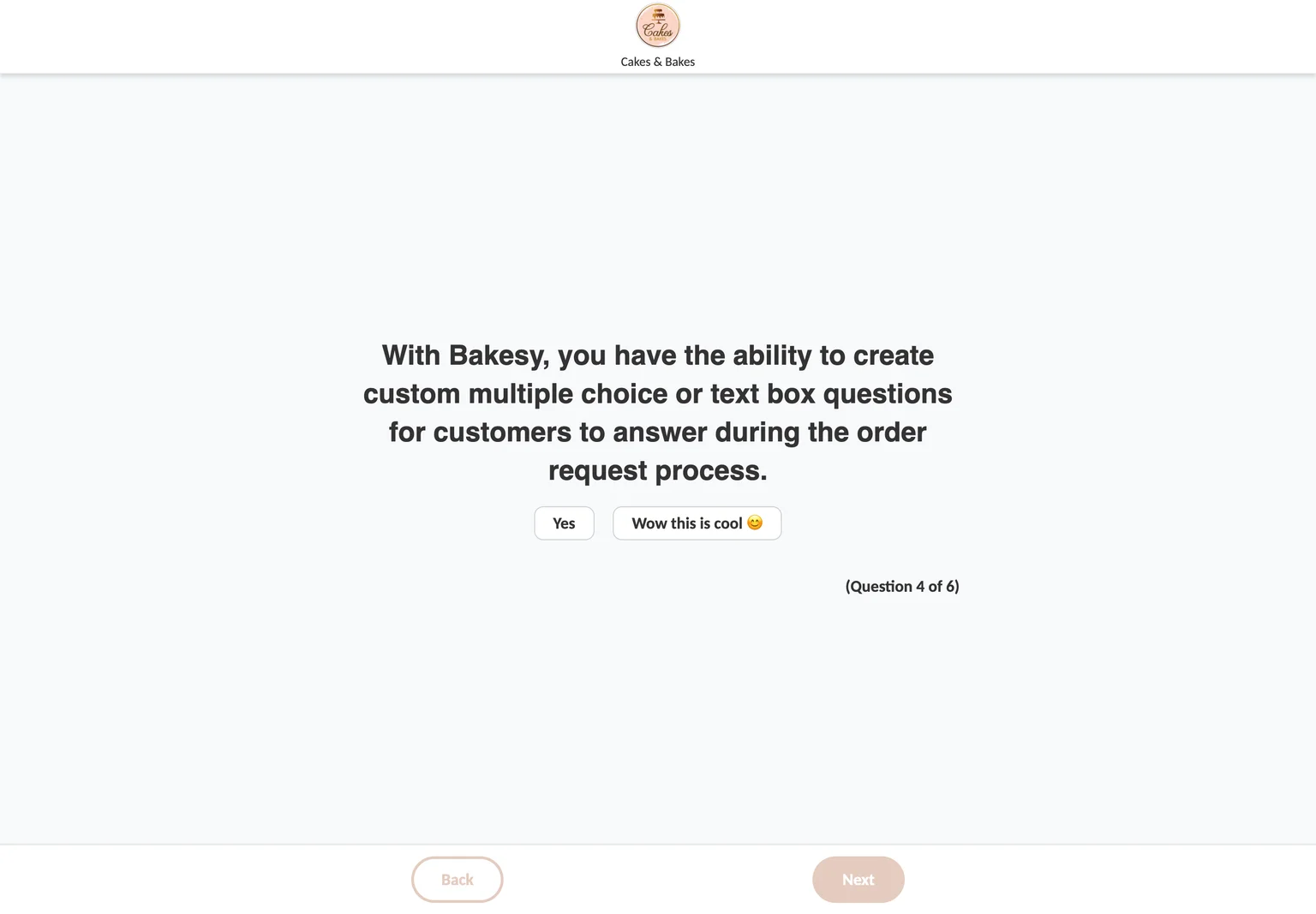 Bakesy order flow at Question 4 of 6 showing a seller-written multiple choice question