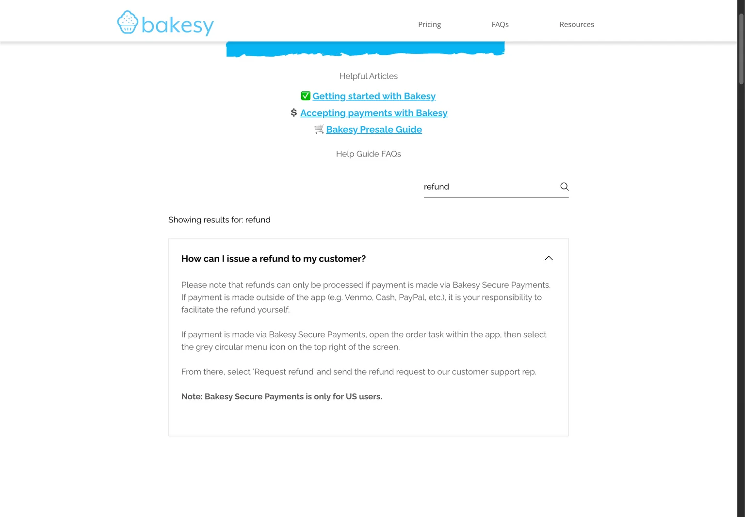 Expanded Bakesy help answer directing sellers to send refund requests to a Bakesy customer support representative