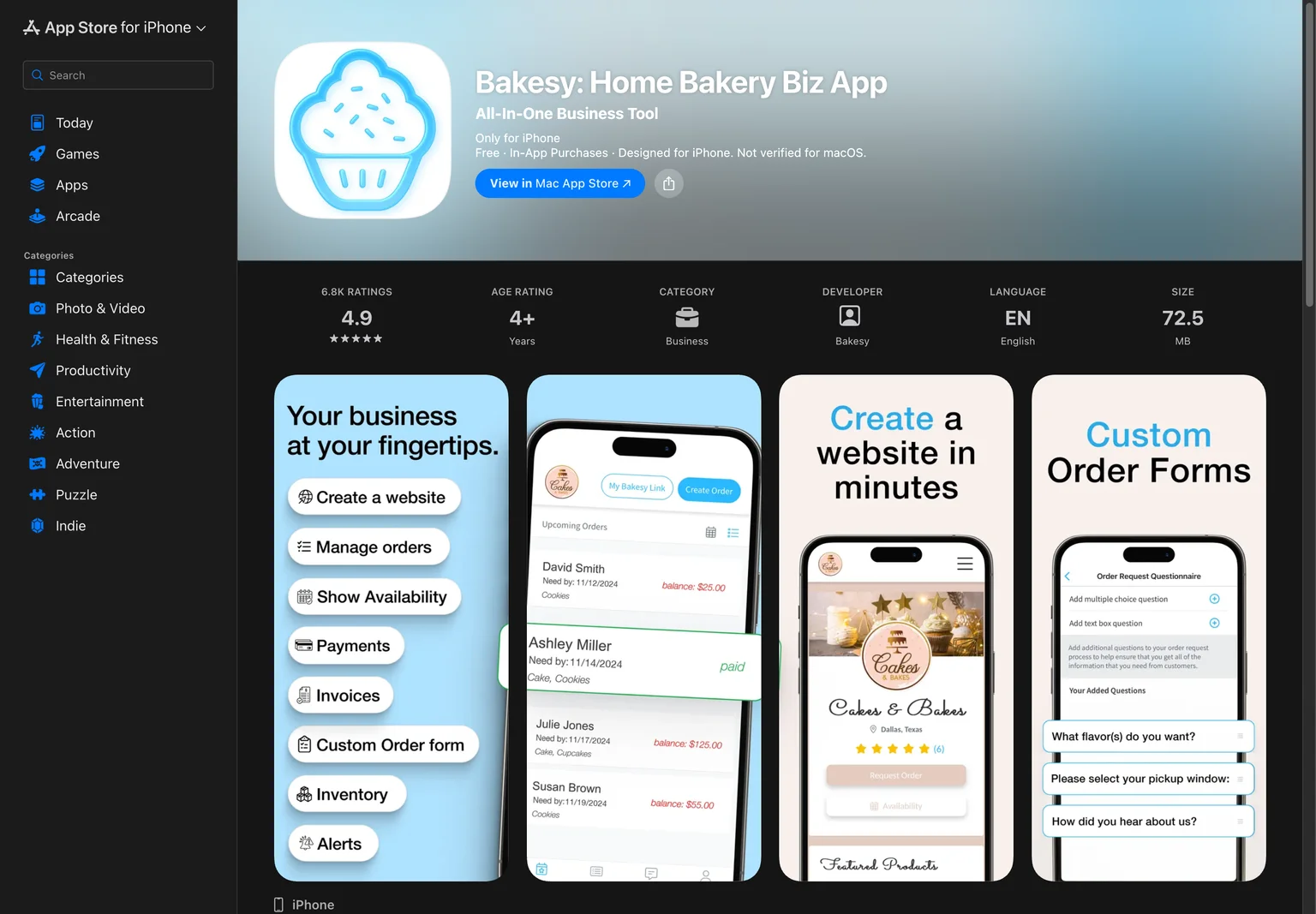 App Store listing for Bakesy showing Only for iPhone and a 4.9 star rating from 6.8K ratings