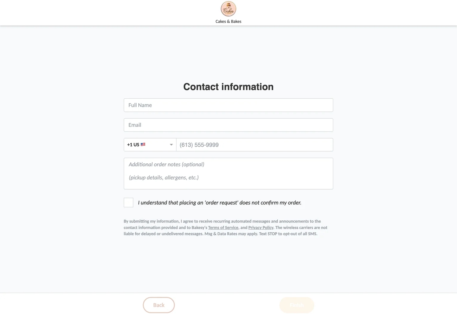 Bakesy order request contact form, fields blank, with a required checkbox saying the request does not confirm the order