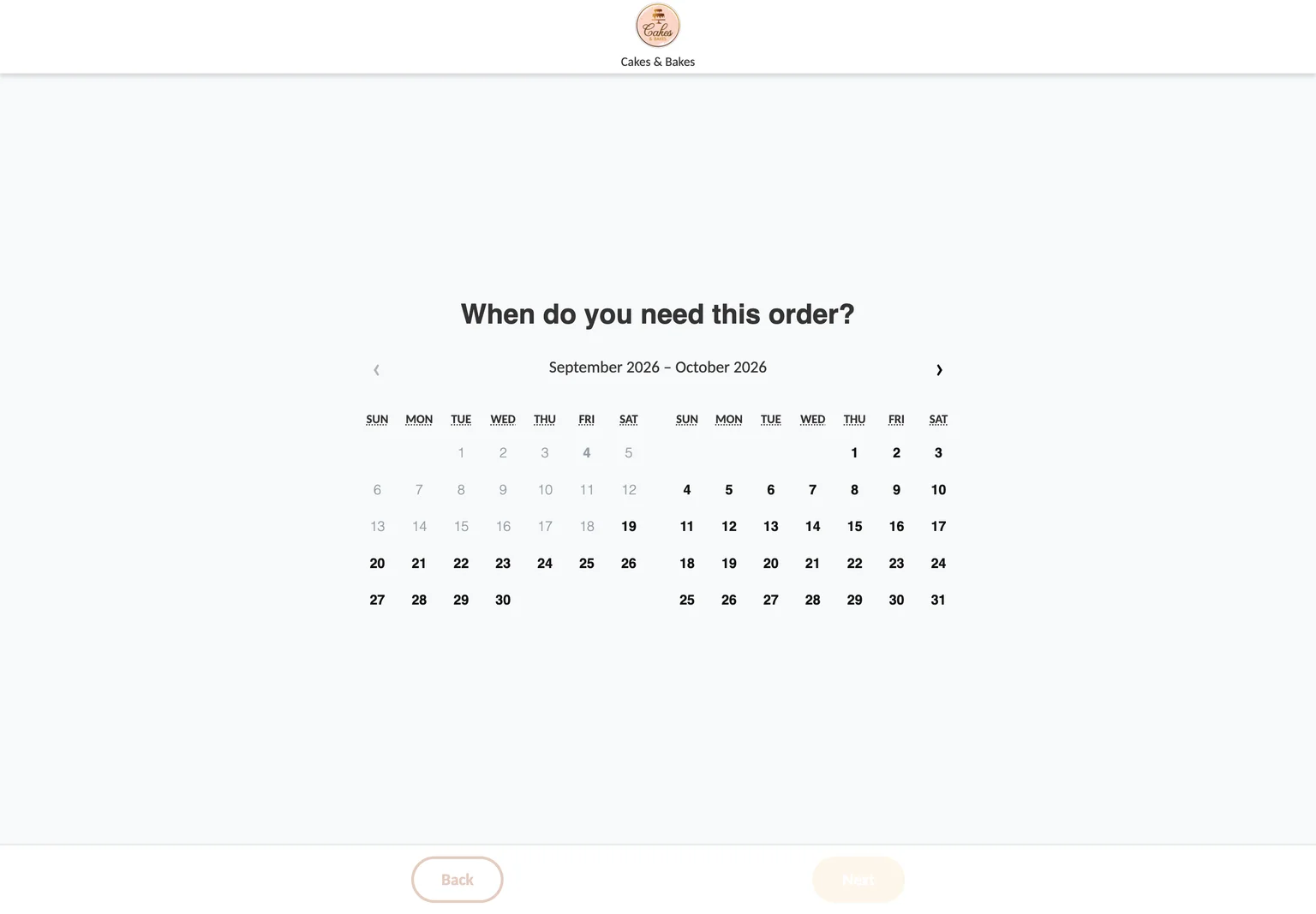 Bakesy order step asking When do you need this order, September and October calendar with early September dates greyed