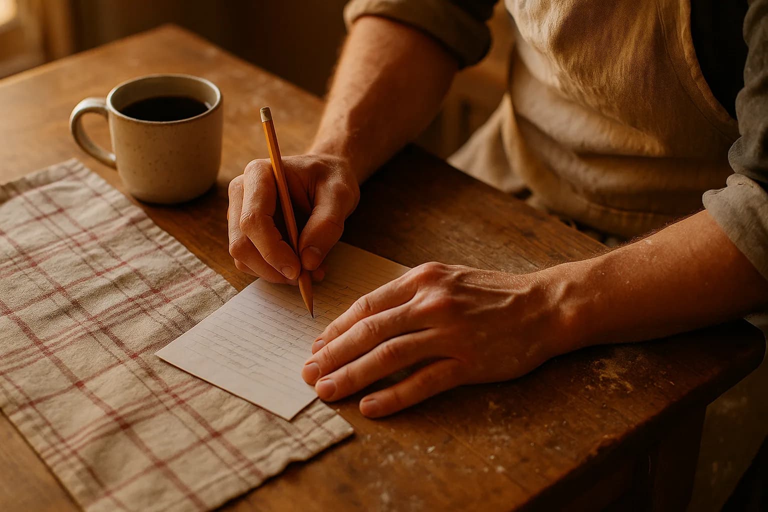 Flour-dusted hands writing a pencil order list at a wooden table beside a mug of coffee