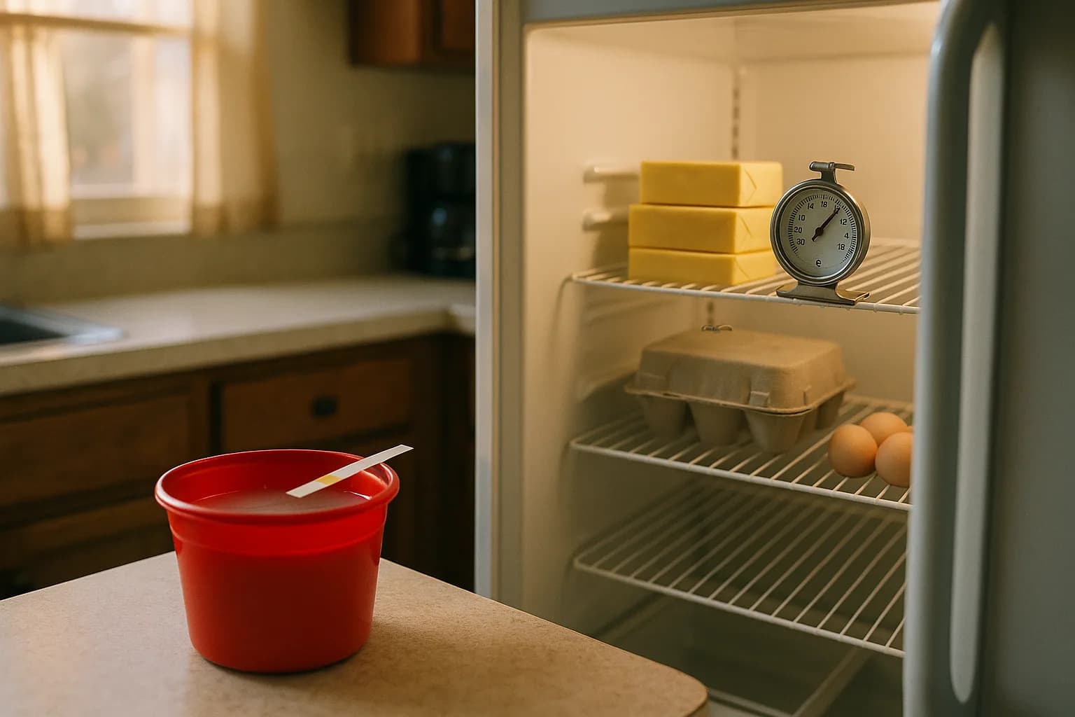 Open refrigerator with a dial thermometer beside stacked butter and eggs, red sanitizer bucket with test strip on the counter