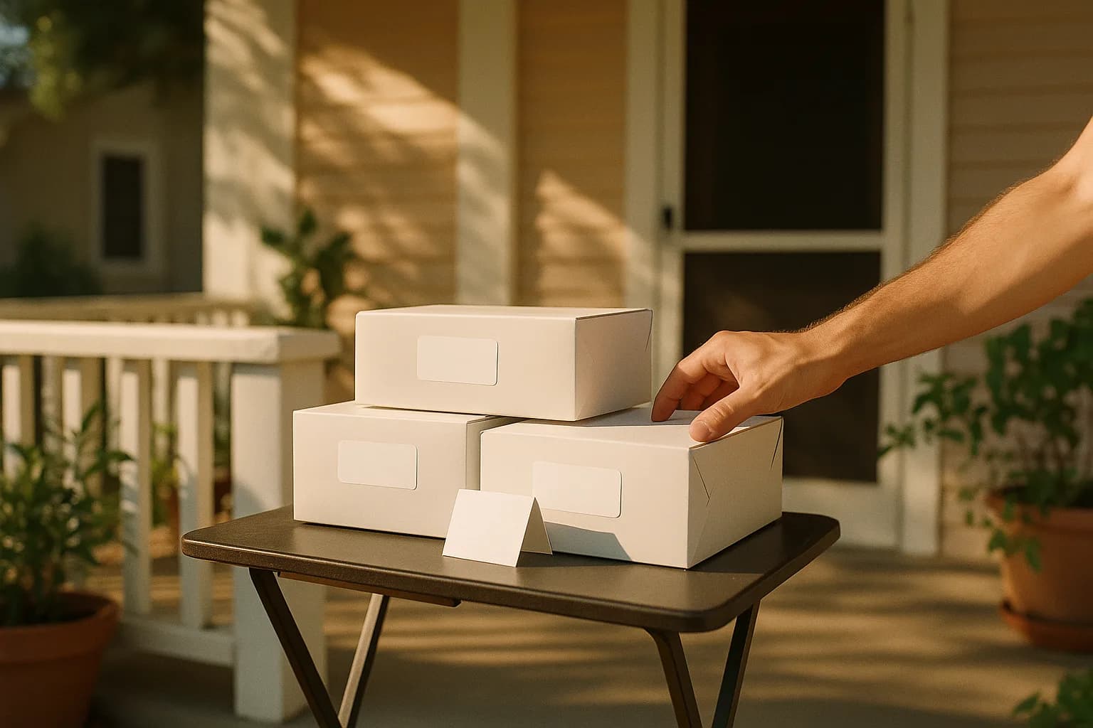 A hand reaches for one of three plain white bakery boxes on a folding table on a shaded front porch