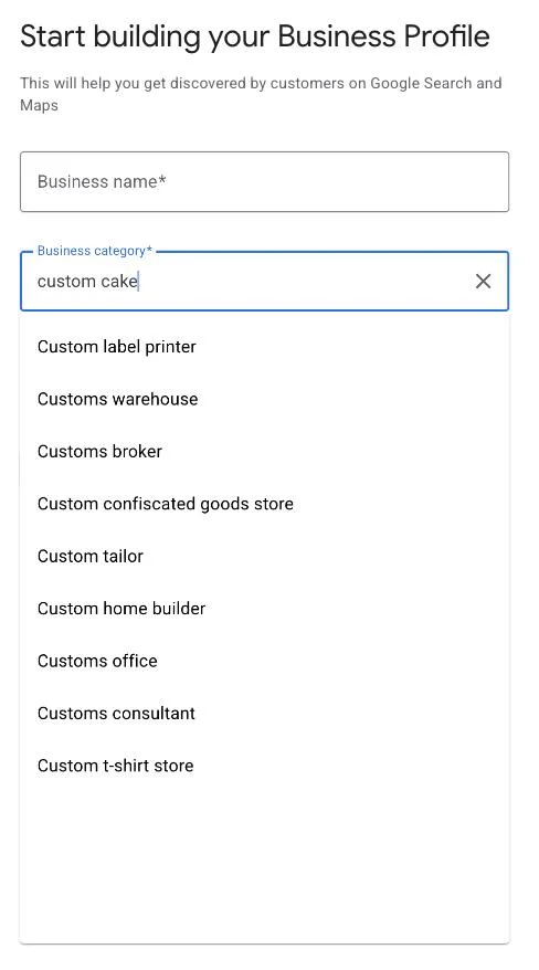 Google's business category field with custom cake typed, showing nine results, none of them food