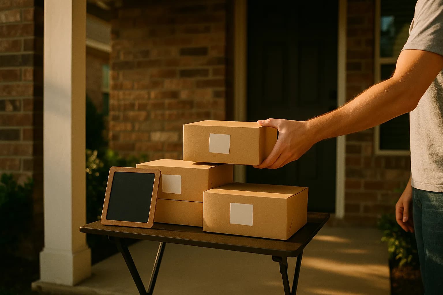 Kraft pastry boxes with blank labels on a folding table on a brick porch, a hand lifting one